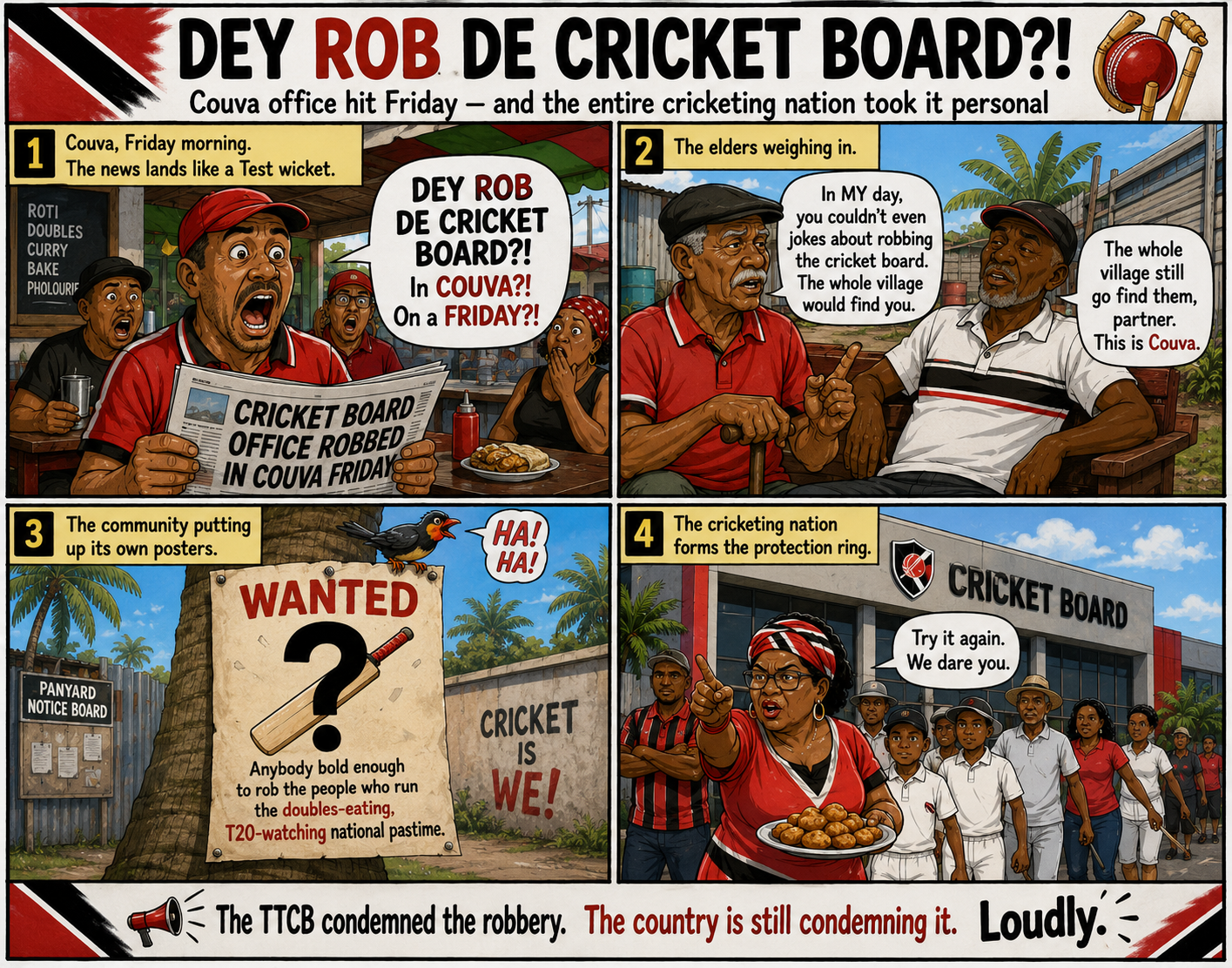 Dey Rob De Cricket Board — Couva office hit Friday, the entire cricketing nation took it personal